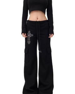 Pantalones Cargo de Pierna Ancha para Mujer, Estampado Gótico de Cruz, Cintura con Cordón, Estilo Urbano, Ajuste Holgado, Pantalones Utilitarios, Prendas Inferiores de Moda Casual - Product Image 1