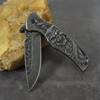 Couteau pliant en acier inoxydable, lame Zombie Drop Point, manche Crâne Dragon, couteau de poche de qualité industrielle avec bouton de réglage au pouce