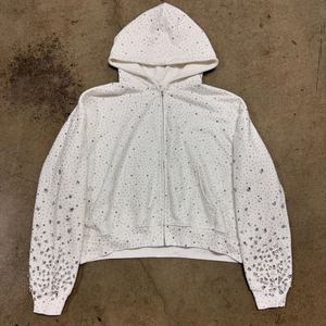 <b>White</b> Rhinestone Dot Print <b>Zip</b>-<b>Up</b> <b>Hoodie</b> <b>Crop</b> Oversized Casual Fleece Unisex Autumn Style - Product Image 5