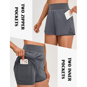 Shorts Deportivos 2 en 1 de Cintura Alta Color Gris Oscuro para Mujer, Shorts de Entrenamiento de Poliéster de Doble Capa con Bolsillos Laterales para Teléfono - Product Image 4