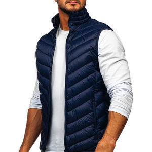 Chaleco Acolchado sin Mangas con Cierre para Hombre, Color Azul Marino, Casual, Ligero, Cortavientos, para Invierno, Cuello Alto, Color Sólido - Product Image 6