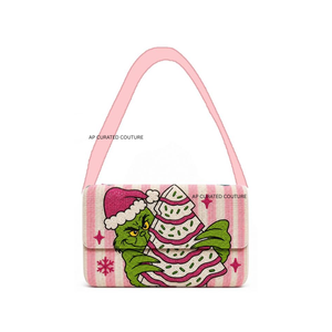 Bolso de Hombro con Cuentas Hecho a Mano con Diseño de Grinch, Patrón a Cuadros Rosa, Bolso de Mujer Moderno, de Calidad Premium, Personalizado y a la Moda - Product Image 2