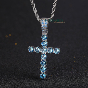 <b>Cross</b> Pendant 925 Silver 18K Gold Plated Moissanite Blue Round Cut Religious Christian Unisex Hip Hop Jewelry - Product Image 2