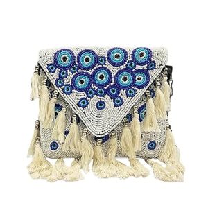 Bolso de Hombro Cuadrado Hecho a Mano con Cuentas, Patrón Circular Azul, Borlas Bordadas, Bolso de Mujer para Regalos de Boda - Hecho a Mano en India - Product Image 1