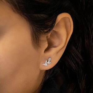 Single 14K Solid Gold Lab Grown Diamond Pave Leaf Stud <b>Earrings</b> Unique Design Minimalist Wedding Elegant Jewelry for Women - Product Image 6