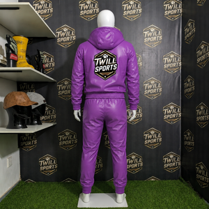 Twill Sports <b>Purple</b> PU Leather <b>Tracksuit</b> Full Sleeve Hooded Zipper Front Sporty Style Autumn Wear PU Leather <b>Tracksuit</b> Adult - Product Image 3
