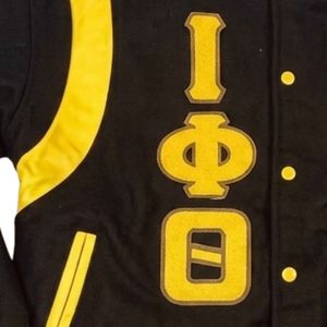 Iota Phi Theta Wool Letterman Jacket with Leather sleeves Brown Gold Greek Apparel Fraternity iota phi theta wool letterman jack - Product Image 2