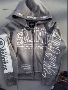Sweat-shirt à capuche zippé Saint en coton gris, style streetwear, ourlet fendu, unisexe adulte, automne, manches longues, avec poches - Product Image 3