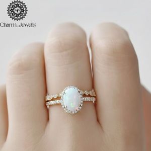 Charm_Jewells Women's Rose <b>Gold</b> Plated Oval <b>Opal</b> Engagement <b>Ring</b> Pave Setting Romantic Style - Product Image 2