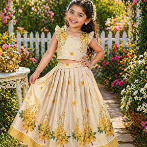 Elegant Look <b>Tissue</b> Silk with Printed Flower & Broad Golden Zari Border Pattu Pavadai Manufacturer from India At Wholesale Rate - Product Image 1