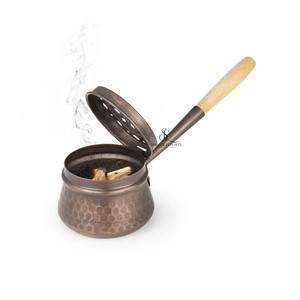 Hammered Copper <b>Bakhoor</b> Burner Portable Arabic <b>Oud</b> Incense Holder Pot With Long Wooden Handle & Detachable Lid For Home Decor - Product Image 3
