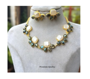 Conjunto de Collar y Pendientes de Perlas de Latón Chapado en Oro con Diseño Geométrico para Mujer, Joyería de Moda para Boda, Compromiso y Fiesta, Engaste de Bisel - Product Image 1