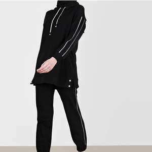 Conjunto Deportivo de Sudadera con Capucha para Mujer, Color Negro, Estilo Modesto, Felpa de Algodón Transpirable, Holgado, Talla Grande, 2 Piezas - Product Image 5