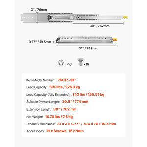 Guide per cassetti a estrazione totale, 1 paio, capacità di carico 500 libbre, 18-60 pollici, bloccabili, varie misure - Product Image 4