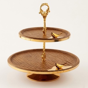 Luxury 2 Tier Wooden <b>Cake</b> Stand With Metal Ginkgo Leaf Branch Handcrafted Acacia Wood Dessert <b>Server</b> For Party & Hotel Buffet - Product Image 3