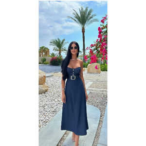 Elegante Vestido Midi Negro con Cinturón para Mujer, Cuello Cuadrado, Sin Mangas, Corte en A, Vestido de Verano - Product Image 3