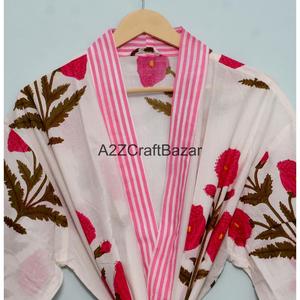 ชุดกิโมโนผ้าฝ้ายแท้ 100% สำหรับผู้หญิง ลายพิมพ์บล็อก ชุดนอนสบายๆ ชุดเพื่อนเจ้าสาว ชุดคลุมอาบน้ำ ชุดชายหาดทำมือ - Product Image 4