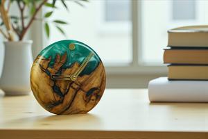 Modern Walnut Table <b>Clock</b> Handmade with Mint Epoxy Resin - Product Image 2