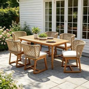 Luxury Teak Outdoor Dining Set with Wicker Arm Chairs Modern Patio Furniture for Resort Hotel Villa - Product Image 1