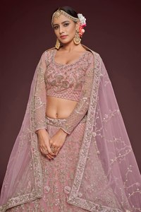 Conjunto de Lehenga Choli de Lujo en Color Rosa Cebolla con Lentejuelas y Bordado Zari, Manga Larga, Traje de Boda Indio-Pakistaní, Ghagra de 3 Piezas, Talla S - Product Image 4