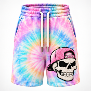 <b>Mens</b> Tie Dye <b>Fleece</b> <b>Shorts</b> Textured Terry Style Embroidery Applique Elastic Waist Drawstring Side Pockets Wholesale OEM Supplier - Product Image 1