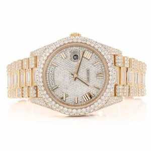 Luxury Iced Out Moissanite Watch Yellow Gold <b>Automatic</b> Mechanical Diamond Bust Down Baguette <b>Wristwatch</b> - Product Image 1