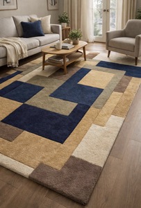 Alfombra de Lana Geométrica de Lujo Hecha a Mano, Alfombra Moderna Abstracta Antideslizante en Azul Marino, Beige y Marrón para Decoración de Sala de Estar - Product Image 2