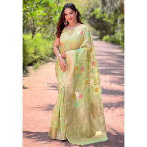 Ensemble pour femme Elite Weaves vert menthe, sari en organza Meenakari floral Jaal Zari tissé - Product Image 3