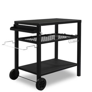Carrello BBQ Nero Mobile con Due Ruote e Ganci, Carrello per Griglia da Esterno - Tavolo di Preparazione Cibo a Tre Ripiani - Product Image 1
