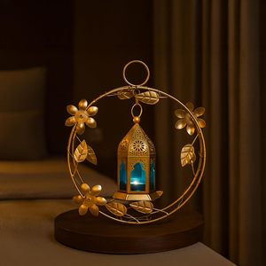 Lanterne Couronne Métallique Dorée avec Porte-Bougie en Verre Bleu pour Bougie Chauffe-Plat – Décoration Maison Durable et Résistante à la Chaleur – Lumière Festive de Pâques - Product Image 3