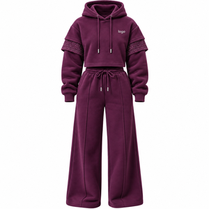 Conjunto de Sudadera Oversize de Nuevo Estilo para Mujer con Mangas de Lentejuelas y Pantalones de Pierna Ancha, Ropa Casual de Invierno de Forro Polar 100% Algodón con Bordado Sólido - Product Image 1
