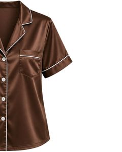 Conjunto de pijama de satén marrón chocolate personalizado para mujer, ropa de dormir de seda de lujo, traje de noche con botones, ropa de descanso suave de manga corta - Product Image 5