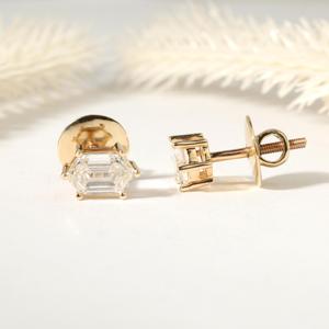 Boucles d'oreilles clous minimalistes en or massif 10K 14K 18K avec diamant de laboratoire taille hexagonale 1 carat, serti griffe, pour femme, usage quotidien - Product Image 6