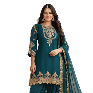 ชุดส่าหรีผู้หญิง ผ้าจอร์เจตต์ปักลาย ฟอกซ์  ความยาวระดับเข่า ชุดอินเดีย ชุดปากีสถาน สำหรับงานเทศกาล  งานออกแบบแบบดั้งเดิม - Product Image 1