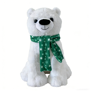 Fluffy sitting white polar bear plush with green snowflake print scarf, Christmas <b>winter</b> <b>decorative</b> stuffed animal - Product Image 4