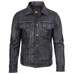 Veste en cuir véritable lavé pour homme 5K, col mandarin, fermeture éclair, coupe ajustée, style moto, coupe-vent, antibactérienne, doublure en sherpa - Product Image 2