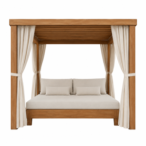 Cabane de piscine sur mesure en teck avec lit double et rideaux d'intimité fluides - Product Image 3