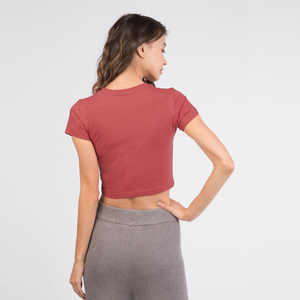 Camiseta Corta de Manga Corta con Cuello Redondo para Mujer, Color Sólido, Ajustada, Tejida en Algodón y Elastano, Informal, Transpirable, para Verano - Product Image 4