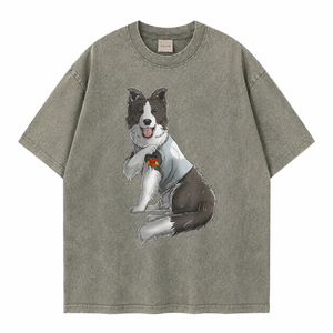 <span class=keywords><strong>T</strong></span>-shirt en coton épais surdimensionné avec logo personnalisé, imprimé graphique chien <span class=keywords><strong>Border</strong></span> <span class=keywords><strong>Collie</strong></span>, style vintage délavé, vêtements streetwear pour hommes - Product Image 2