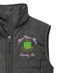 Gilet matelassé noir AKA Puffy pour femme, gilet rembourré léger brodé sans manches avec fermeture éclair, veste chaude pour l'extérieur - Product Image 5
