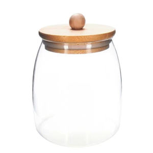 Frasco de vidrio moderno con tapa de madera, aspecto atractivo para almacenamiento en estantes de cocina, refrigerios secos, dulces y exhibición decorativa. - Product Image 1