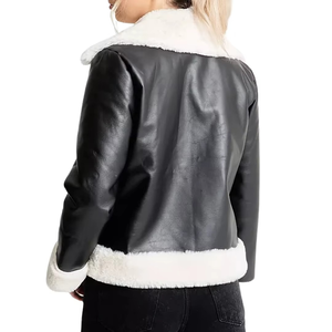 Chaqueta de Mujer Estilo Racer de Piel Sintética, Color Sólido, Cierre de Cremallera, Forro de Sherpa, Cuello Camisero, Ropa de Abrigo para Otoño e Invierno, Corte Regular - Product Image 3