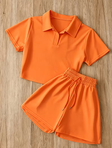 Women Orange Two-Piece Sporty Set Short Sleeve Polo Collar Crop Top High Waist Shorts Solid Color Quick Dry Eco-Friendly Knitted - Product Image 1