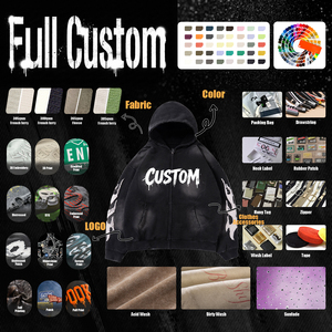 เสื้อฮู้ดซิปสีดำทรงโอเวอร์ไซส์สำหรับผู้ชายและผู้หญิง OEM ODM ล้างสีแบบแอซิดวอช พร้อมพิมพ์ลายตัวอักษรตามสั่งและแขนเสื้อแบบลวดหนาม - Product Image 5