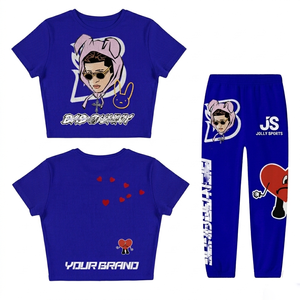 Women ribbed cotton polyester 240 GSM crop top and pant set royal blue graphic print <b>heat</b> transfer custom logo Women's Sets - Product Image 1