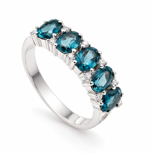 Anillo de Plata de Ley 925 con Cinco Topacios Azules Ovalados de Londres de 6x4mm, Joyería Elegante con Piedras Preciosas, Regalo de Aniversario para Mujer, Estilo Cóctel - Product Image 4