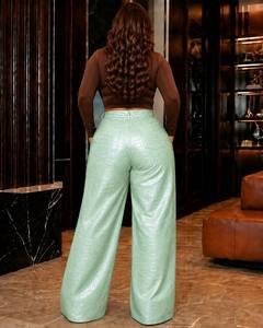 Pantalon large taille haute en cuir gaufré crocodile avec ceinture zippée pour femme, grande taille, en cuir d'alligator - Product Image 5