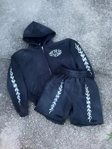 Meichao MIXED EMOTION Sudadera con Capucha de Forro Polar Transpirable con Estampado Desgastado para Verano, Diseño 2 en 1, Conjunto Casual de Pantalones Cortos para Hombre y Mujer - Product Image 3