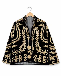 <b>Women</b> Boho Black <b>Velvet</b> Suzani <b>Jacket</b> Floral Embroidered Full Sleeve Stand Collar Handmade Ethnic Style Winter Outerwear - Product Image 3