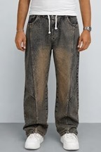 Jean en denim bleu décontracté pour homme, écologique, résistant à la décoloration, déchiré, coupe large, ample, en coton de poids moyen - Product Image 1